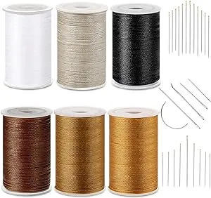 6 Rolls Strong Upholstery Thread High Strength Sewing Waxed Thread with Hand Stitching Needle Set for Denim Leather Craft DIY Machine (White, Black, Beige, Coffee, Caramel, Tea Dyed, 0.55 mm)