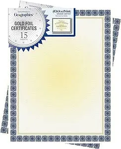 Geographics Certificates, 8-1/2" x 11", Kensington Blue With Gold Foil, Pack Of 15