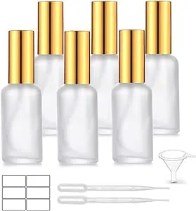 6 Pack 1.7 Oz Frosted Glass Spray Bottles with Fine Mist Atomizer &Golden Pump Cap,Empty Travel Size Perfume Liquid Containers for Essential Oils-Stickers,Pipette&Funnel included (Pack of 6)