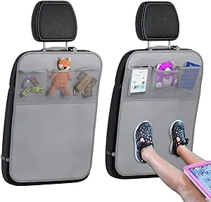 lebogner Back Seat Cover For Kids + 3 Pocket Storage Organizer, 2 Pack X-Large Multifunctional Kick Mats Backseat Protector, Car Seat Back Protectors For Vehicles To Protect From Dirt & Scuffs, Grey