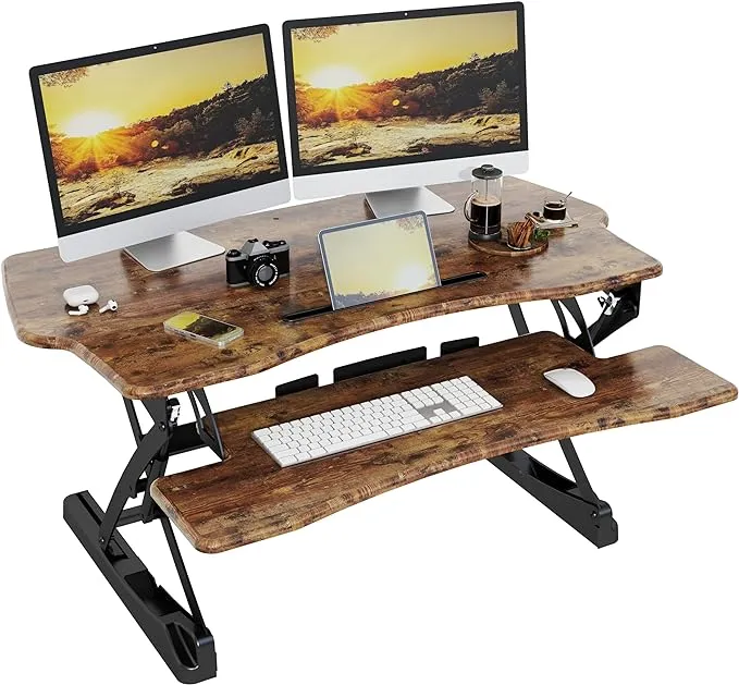 Rocelco 32in. Height Adjustable Standing Desk Converter BUNDLE | Sit Stand Computer Workstation Riser with Anti Fatigue Mat | Dual Monitor Retractable Keyboard Tray Gas Spring | Black (R EADRB-MAFM)