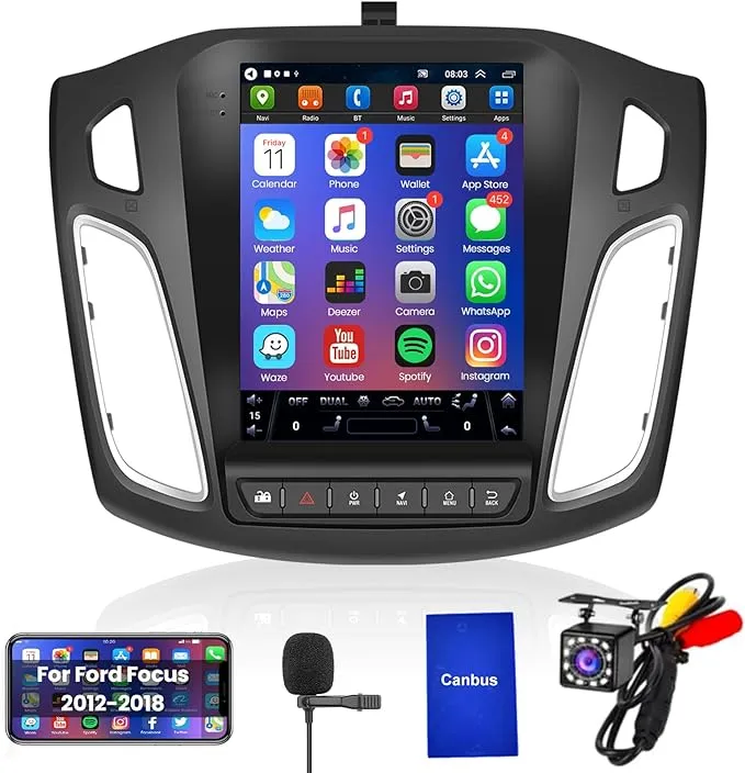 9.7 inch Android Car Stereo Radio for 2012 2013 2014 2015 2016 2017 2018 Ford Focus, Podofo Vertical HD IPS Touch Screen Bluetooth Radio with Mirror Link GPS Navigation Wifi FM Radio Backup Camera Mic