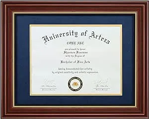 CORE ART 11x14 Diploma Frame Display Certificates 8.5x11 with Navy Mat or Documents 11x14 without Mat, College Degree Wooden Frame with Tempered Glass for Wall and Tabletop Display(Chocolate Brown)