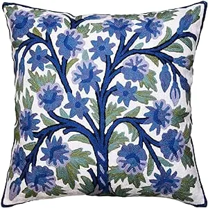 Indigo Blue Floral Pillow Cover Tree of Life Bloom Hand embroidered Wool 18x18" - Contemporary - Decorative Pillows - by Kashmir Fine Arts & Crafts | Houzz