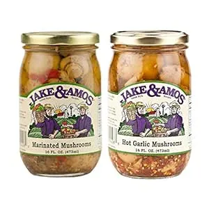 Jake & Amos Pickled Mushroom Variety Pack 16 oz. Marinated, Hot Garlic (1 Jar of Each)