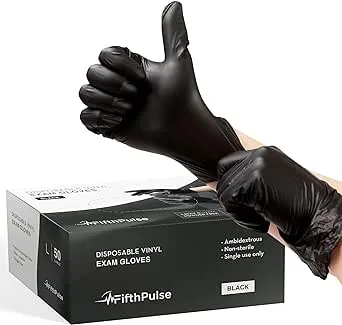 FifthPulse Black Vinyl Disposable Gloves - Powder and Latex Free Medical Exam Gloves