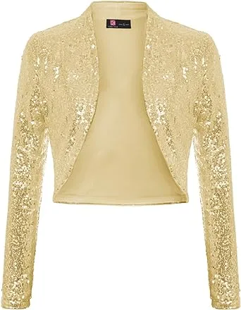 KANCY KOLE Women's Sequin Shrug Long Sleeve Open Front Cropped Bolero Jackets S-XXL