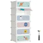 SONGMICS Kids' Shoe Rack with Doors, 6-Slot Stackable Storage Organizer, Plastic wardrobe, Toys, Books, Clothes, 16.9 x 12.2 x 41.3 Inches, White