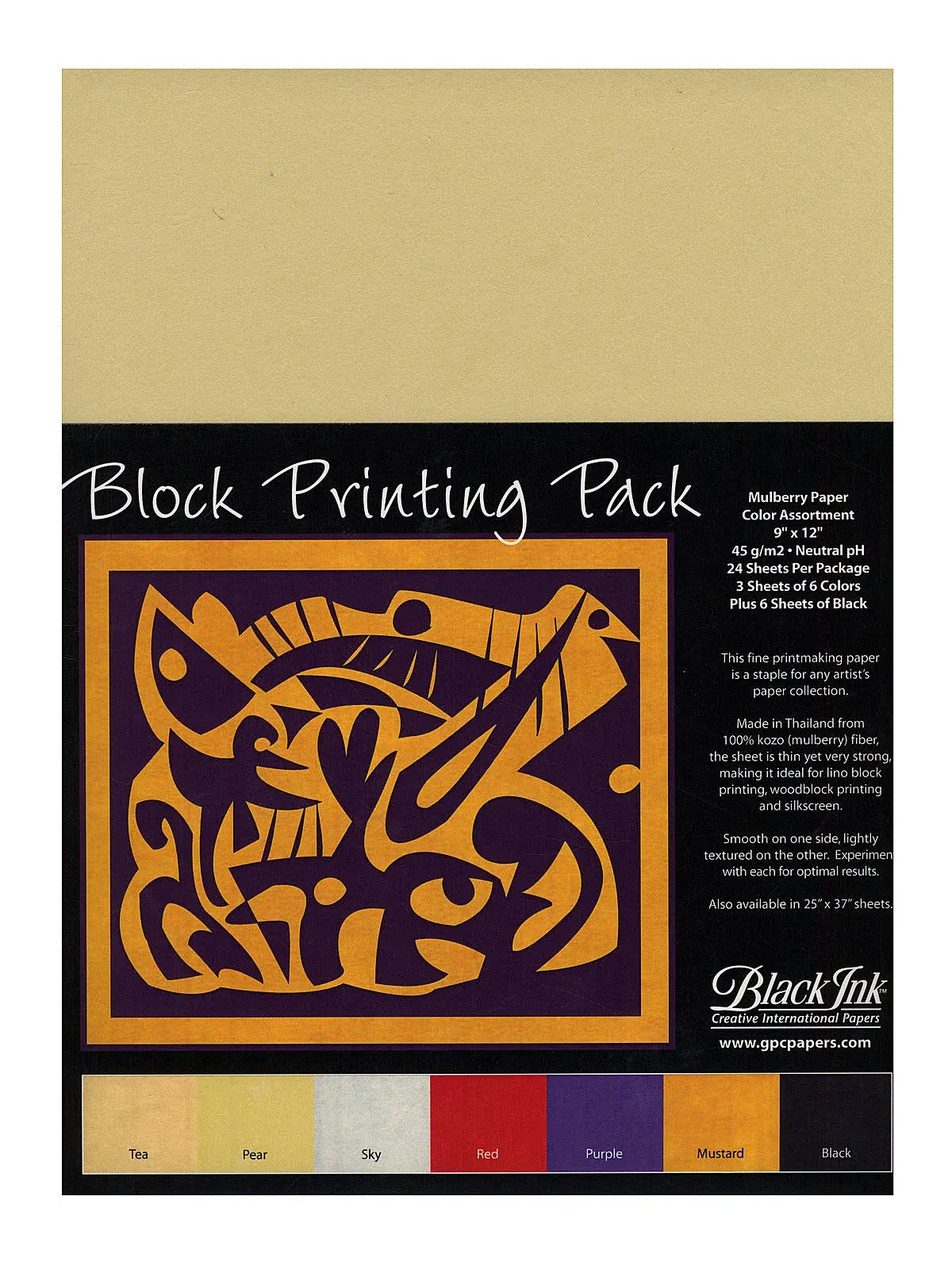 Black Ink Thai Mulberry Block Printing Paper, 9&quot; x 12&quot;, Assorted, Pack Of 24 Sheets