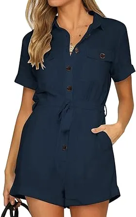 Vetinee Womens Summer Pockets Belted Romper Button Short Sleeve Jumpsuit Playsuit