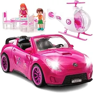 Play22 Pink Car Convertible 2-Seater Vehicle Doll Accessories with Lights and Sounds 10 Pc - Car for Dolls Toy Car Includes Doll Helicopter, 2 Figurines, and Dining Table Set - Great Toddler Gift