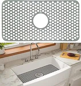 Foldable 24.8"x13" Silicone Sink Mat: Non-Slip Mat with Center Drain Opening - Ideal for Farmhouse Stainless Steel or Porcelain Sinks (Grey) - By Hestiya