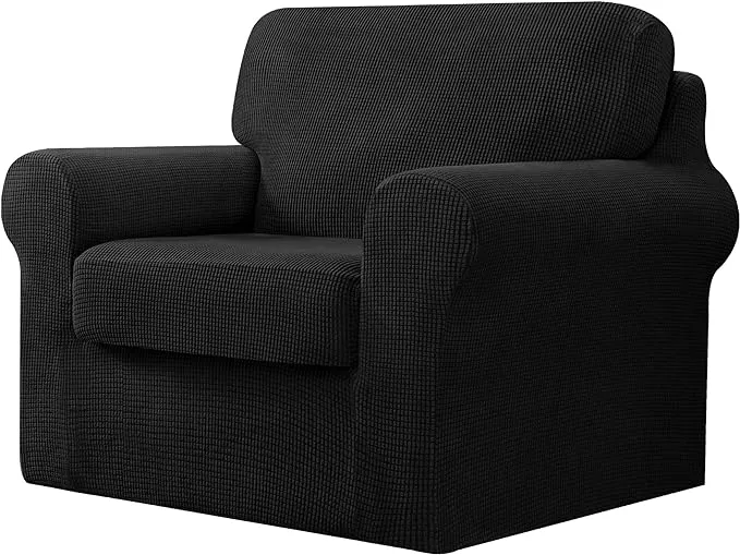 CHUN YI 5 Piece Stretch Loveseat Sofa Cover, 2 Seater Couch Slipcover with Two Separate Backrests and Cushions with Elastic Band, Checks Spandex Jacquard Fabric(Medium,Black)