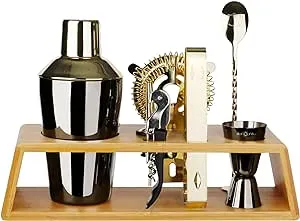 8pc Bar Tool Set W/ Bamboo Display Stand Black/gold Color 20oz Cobbler Cocktail 