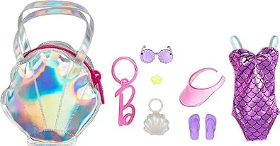 Barbie Clothes Set, Beach-Themed with Swimsuit, 5 Acessories & Zippered Doll-Sized Shell-Shaped Bag with Clip-On Ring, Iridescent