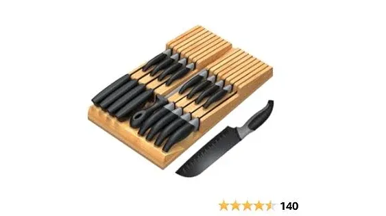 NIUXX In-Drawer Knife Block with 16 Knives, Bamboo Knife Organizer for Steak Knives, Chef Knives and Sharpener, Cutlery Holder with Detachable Knife Slots, Premium Kitchen Knives Set for Home