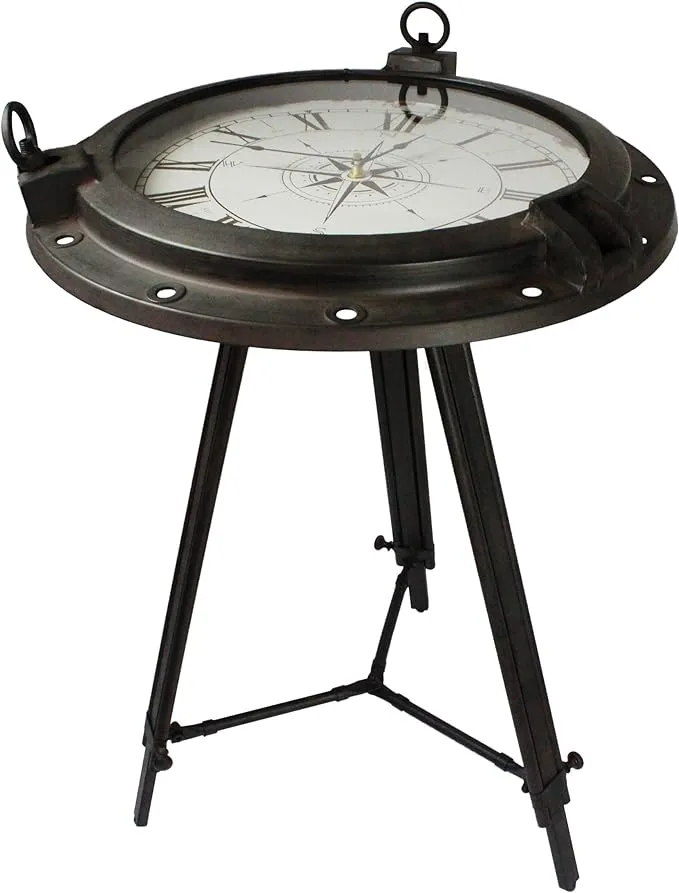 Urban Designs Industrial Porthole Metal Round Clock Coffee & End Table - Brown