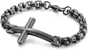 Mens Christian Cross 316L Stainless Steel Chain Bracelet, 8.7" Link Bracelet for Men with Lobster Clasp