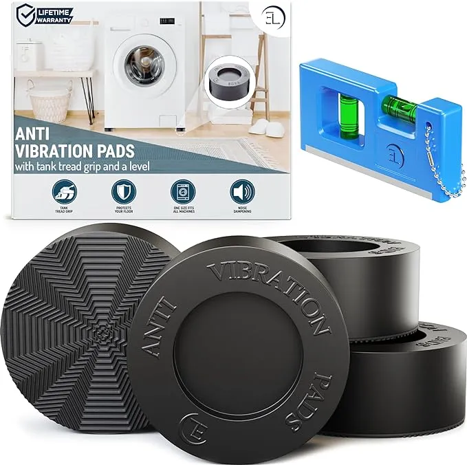 Anti Vibration Pads for Washing Machine 4 Pads with Tank Tread Grip + Level Washer Dryer Pedestals Fits All Machines