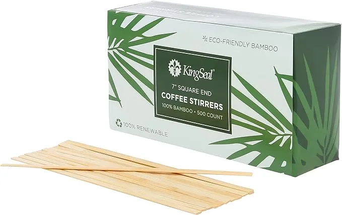 1000 Count | KingSeal Bamboo Wood Coffee Stirrers, Square End, 7 inch Length, 100% Renewable and Biodegradable - 2 Boxes x 500 Stirrers