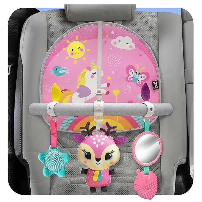 BENBAT Car Seat Toys for Babies - Double Sided Rear Facing Carseat Toy with Baby Mirror for Infants Girls and Boys 0-18 Months, Pink