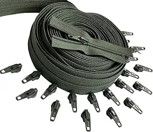 #3 YKK Nylon Coil Continuous Zipper Chain by The Yard Make-A-Zipper 5 Yards with 20 Automatic Lock Zipper Pulls Same Color for DIY Sewing Crafts or Bags (Olive Green #567)