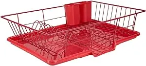 Dish Drying Rack (Red) | By Home Basics | Dish Drainers For Kitchen Counter | With Sloping Tray and Utensil Holder | Big Dish Drying Rack