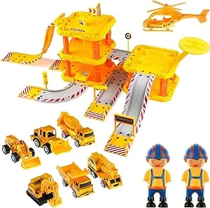 Toysical Construction Playset - Complete Parking Garage Toy Playset with Vehicles, Helicopter, Mini Figures, Road Setup Construction Toys for Boys and Girls - Boys Toys Age 4-6