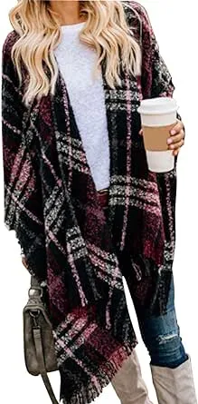 VIMPUNEC Women Boho Buffalo Plaid Poncho Pashmina Shawl Wrap Cape Sweater Knitting Cardigan with Tassel