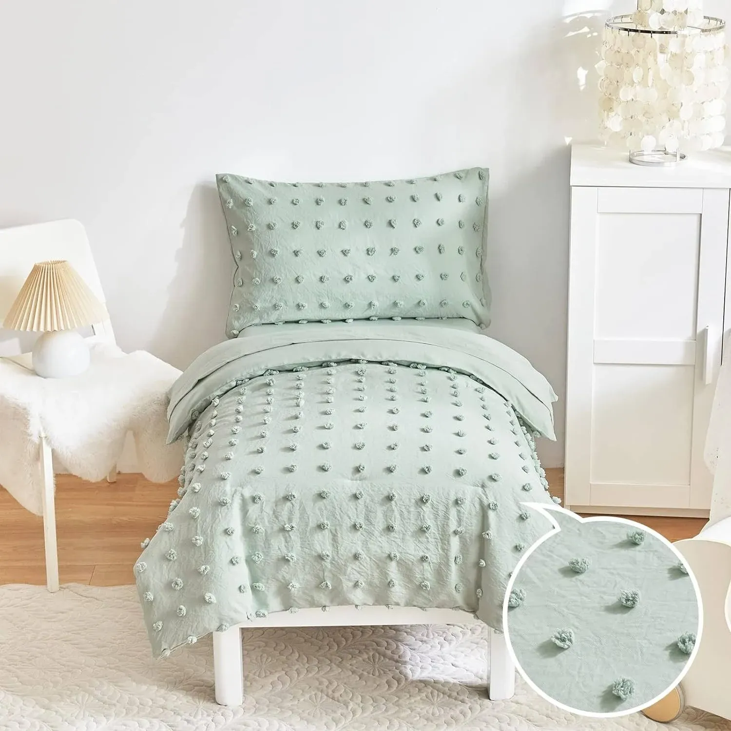 4 Piece Tufted Dots Toddler Bedding Set Solid Green Jacquard Pom Pom Tufts, Soft and Embroidery Shabby Chic Boho Design for Baby Boys Girls, Includes Comforter, Flat Sheet, Fitted Sheet and Pillowcase