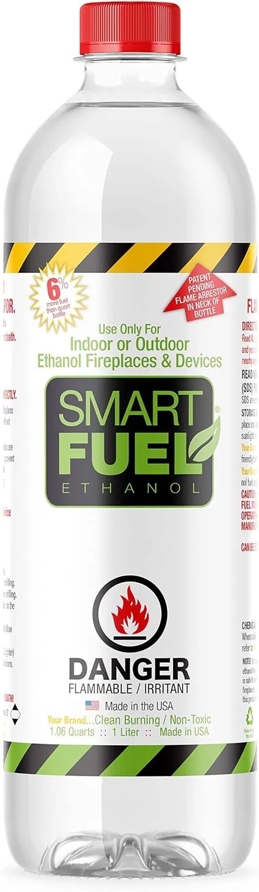 Smart Fuel 1 Liter - Bioethanol Fuel for fireplaces, Stoves and Burners. Denatured Alcohol (1.06 Quart) Clean Burning, Sustainable Fuel
