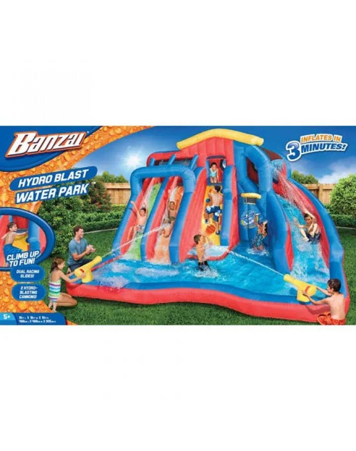 Banzai Hydro Blast Water Slide, Heavy Duty Inflatable Backyard Water Park w/ 3 Waterslides, Splash Pool, and Climbing Wall, for Kids Ages 5+, Blue/Red