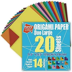 [Taro's Origami Studio] Large Duo (Diffrent Colors On Each Side) Double Sided Standard 9.5 Inch (24 cm) Kami Paper with 14 Color Change Patterns, 20 Sheets (Made in Japan)