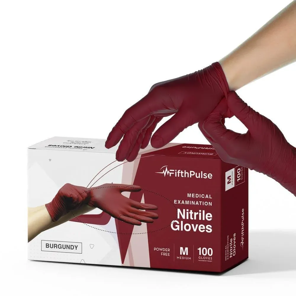 Fifth Pulse Nitrile Exam Latex Free &amp; Powder Free Gloves - Burgundy