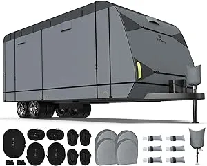 Heavy Duty 7 Layers Top Travel Trailer Cover with 4 Tire Cover for 22'1"-24', Windproof Rip-Stop Anti-UV RV Cover, Medium Gray