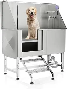 MoNiBloom 50" Dog Washing Station for Home, 2-Depth Optional Professional Stainless Steel Dog Grooming Tub for Large/Medium/Small Dogs, Sliding Door Dog Washing Station w/Ladder, 250 lbs Capacity