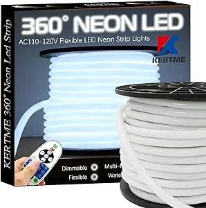 360° Neon Led Type AC 110-120V 360 Degree NEON LED Light Strip, Flexible/Waterproof/Dimmable/Multi-Modes LED Rope Light + Remote for Home/Garden/Building Decor (32.8ft/10m, White 6000K)