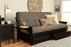 Kodiak Furniture Phoenix Full Size Futon in Black Finish with Storage Drawers, Suede Gray