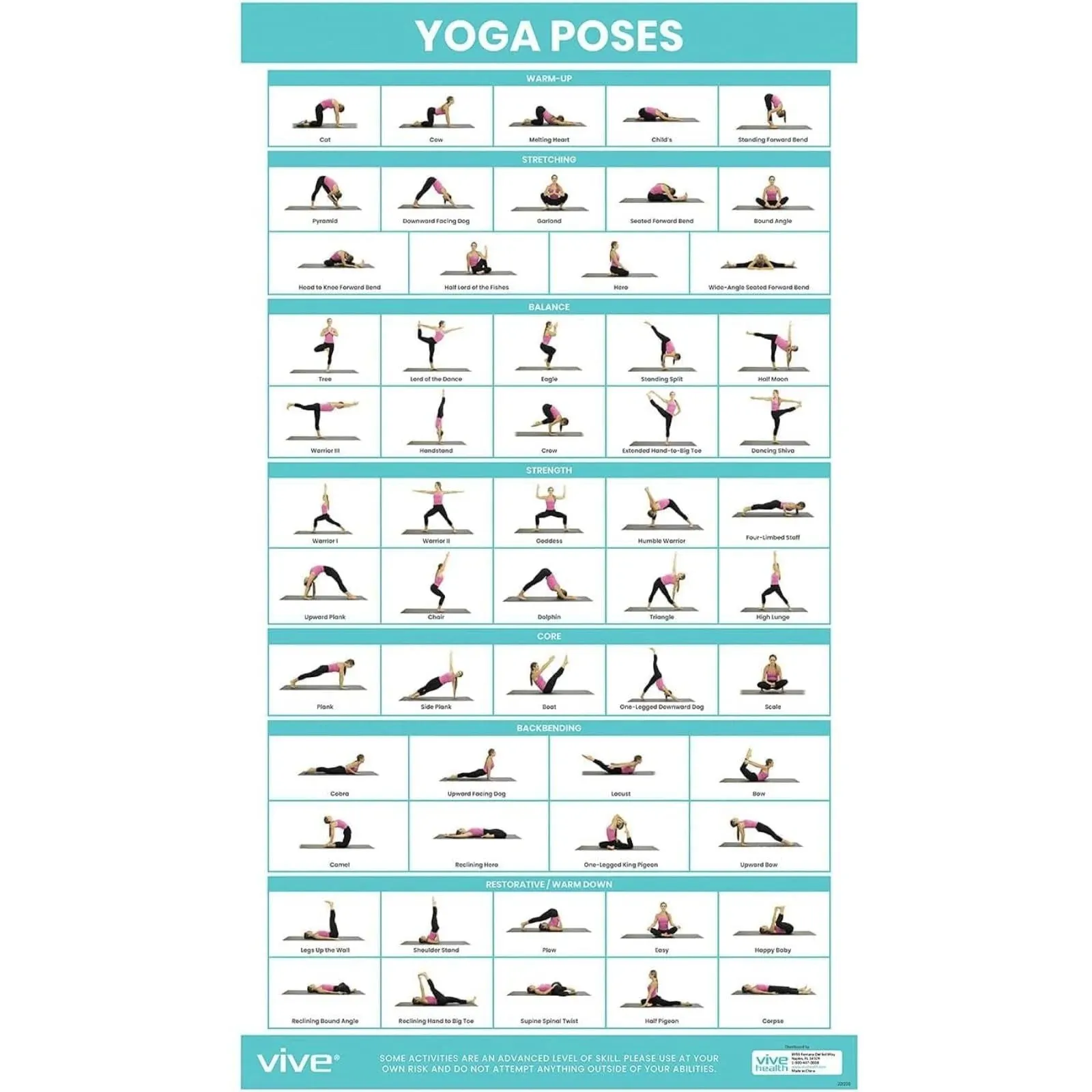 Vive Yoga Poster - Poses for Beginners and Experts - Mat Exercise Home Gym Workout Accessories Set- Double Sided Laminated Flow Chart Accessory - Instructional Guided Routine - for Women, Men