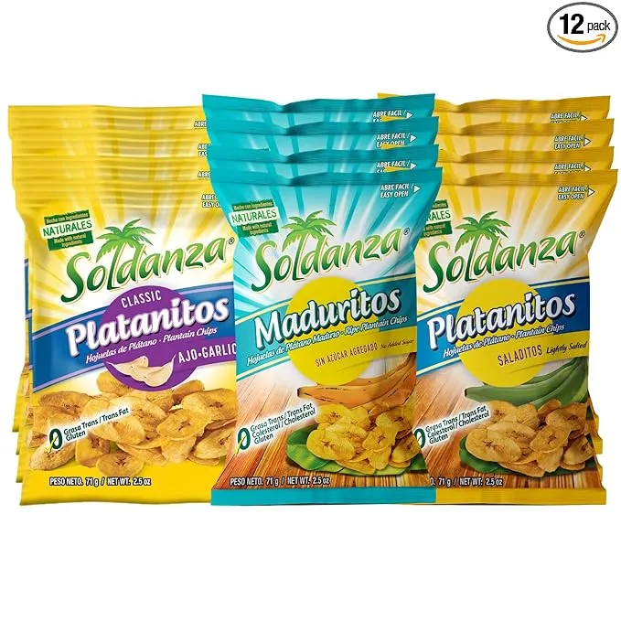 Soldanza Plantain Chips, Variety Pack 2.5 oz (Pack of 12) 4 x Salted Plantain Chips, 4 x Ripe Plantain Chips, 4 x Garlic Plantain Chips