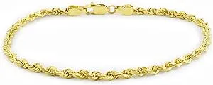 Nuragold 14k Yellow Gold 2mm Rope Chain Diamond Cut Bracelet or Anklet, Mens Womens Jewelry 7" 7.5" 8" 8.5" 9"