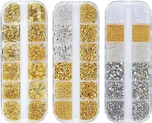 36 Grids Nail Studs Gold Metal Nail Art Rivets Star Moon Beads 3D Nail Charms Rivet Punk Jewels Nail Art Supplies for Manicure DIY Nail Crafts Decoration 3 Boxes