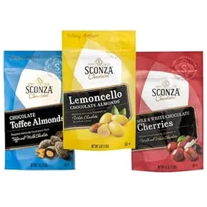 Sconza Candy Fan Favorite Mix Pack 3 Pack Lemoncello Almonds Pack of 1 5oz, Milk & White Chocolate Cherries Pack of 1 4.5oz, Chocolate Toffee Al