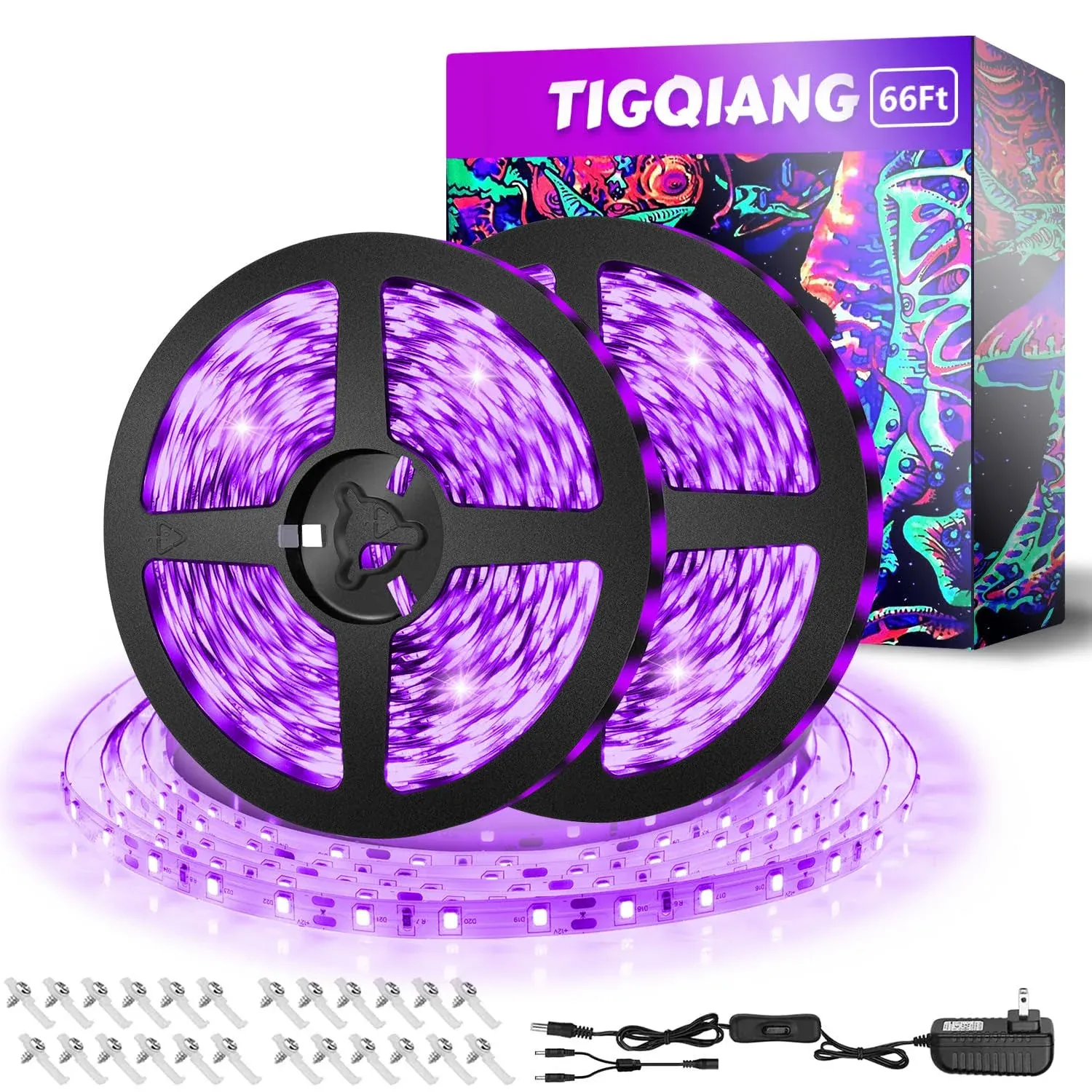 TigQiang Black Light Strip, 20m/66ft Flexible LED Black Light Strip Kit, 1200 Lamp Beads, 12V Black Light, Non-Waterproof for Indoor Fluorescent Dance