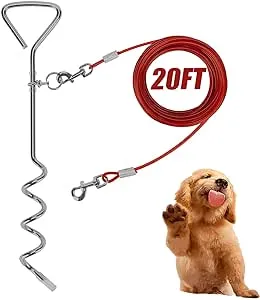 Darkyazi Dog Stake Tie Out Cable and Reflective Stake 16 ft Outdoor, Yard and Camping, for Medium to Large Dogs Up to 125 lbs (20FT /6.096m, Blue)