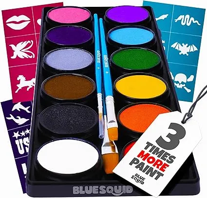 Blue Squid Face Painting Kit for Kids – Complete Face Paint Kit Palette, Stencils, 12 Colors - Safe for Sensitive Skin, Non Toxic Face Painting Kit Professional - Kids Party & Halloween Makeup Kit