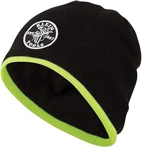 Klein Tools 60391 Knit Beanie, Thermal Fleece Winter Hat, Windproof, Fits under Helmets, Black with High-Visibility Yellow Band Trim