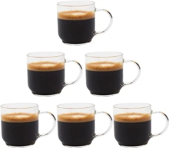 Espresso Cups (4 Ounce) with Large Handle, Set of 6 - Glass Coffee Cups for Nespresso Lungo, Double Espresso, Cortado