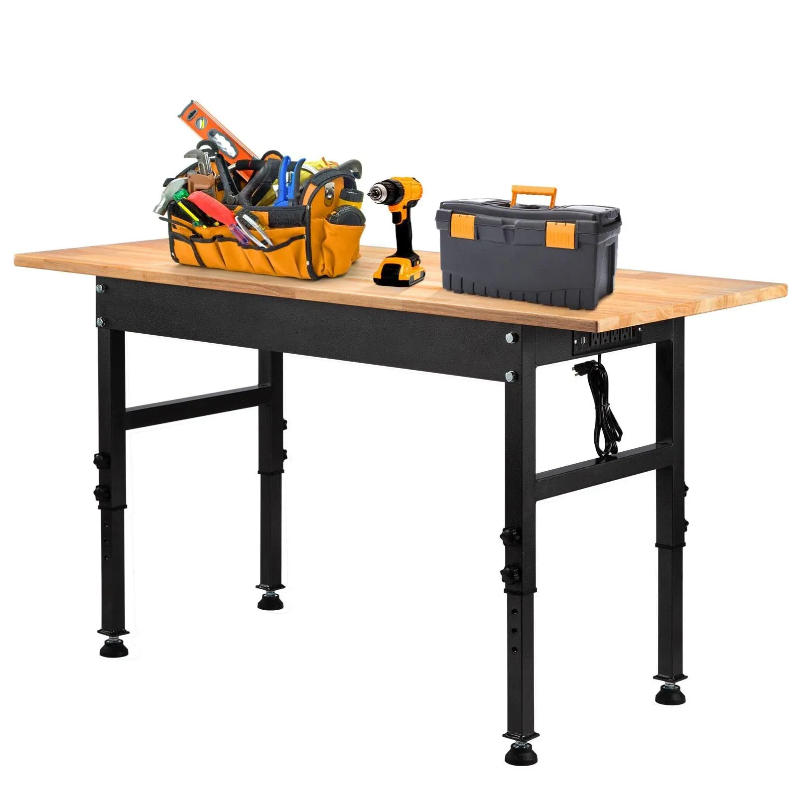 Tyfnry 60" Adjustable Work Bench with Power Outlets, 2000 lbs Load Capacity Rubber Wood Top Workbench Table, Heavy-Duty Steel Hardwood Workstation