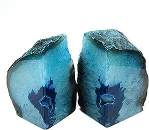 JIC Gem Teal Agate Bookends 3 to 4 lbs Polished 1 Pair with Rubber Bumpers for Office Decor and Home Decoration, Green Dyed, 3-4lbs.